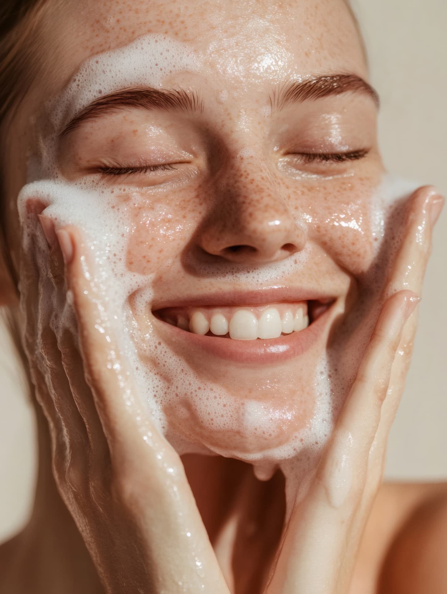A smiling woman with cleansing foam on her face